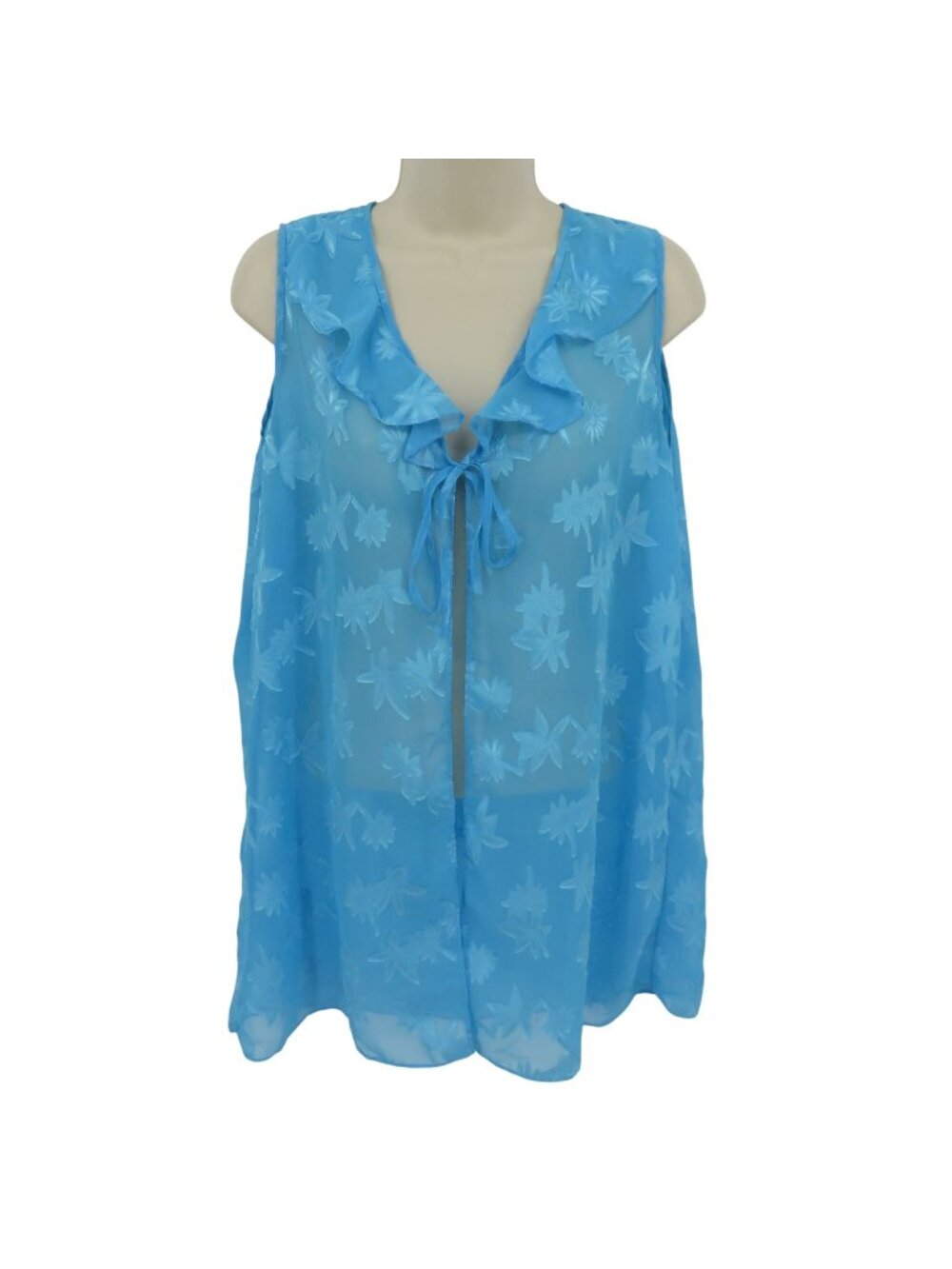 Secret Treasures Women XL Blue Floral Sheer Sleeveless Ruffle Tie Front Babydoll